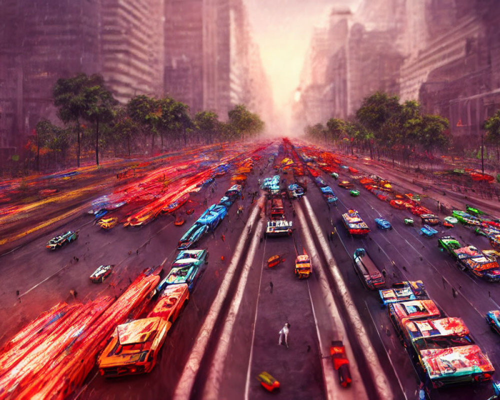 Vividly painted cars in chaotic cityscape at sunset