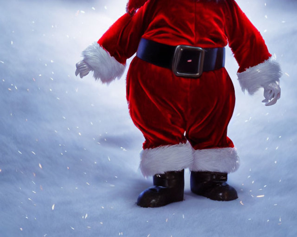 Santa Claus in rabbit mask surrounded by falling snowflakes on blue background