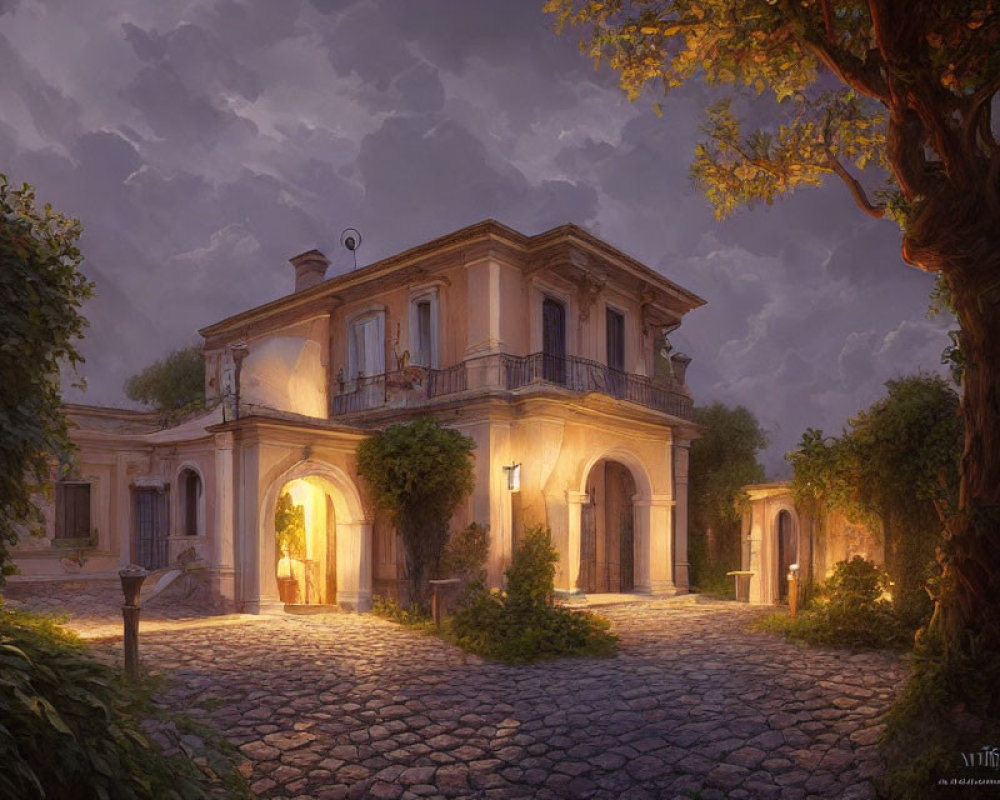 Tranquil Twilight Scene: Villa, Warm Lights, Lush Trees