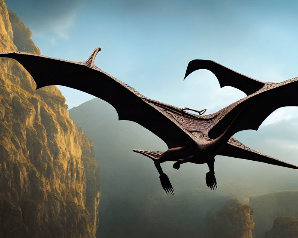 Large wingspan pterosaur flying in misty canyon