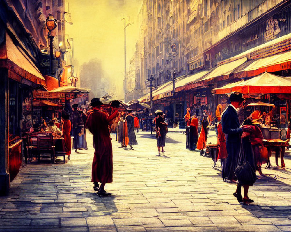 Vintage-themed street scene with pedestrians and vendors under warm sunlight