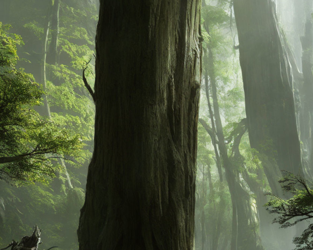 Person in armor in misty sunlit forest with ancient trees