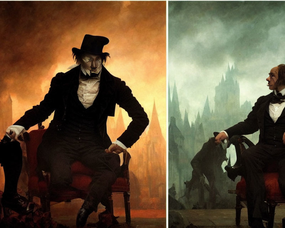 Gothic-themed images of man in vintage clothing against fiery and foggy backdrops