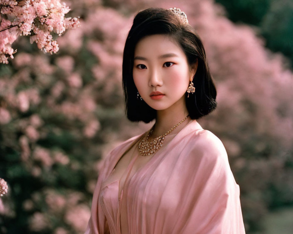 Woman in Pink Dress with Tiara and Necklace Surrounded by Blooming Pink Trees