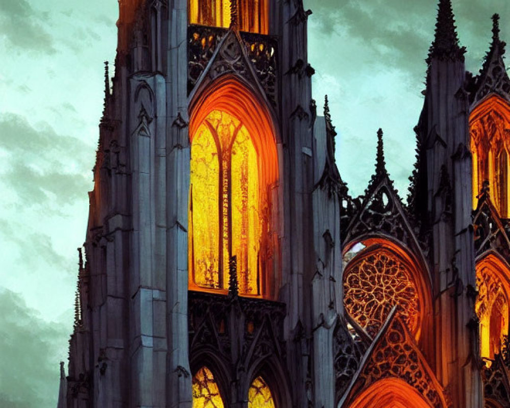 Gothic Cathedral Spires at Dusk with Stained-Glass Windows