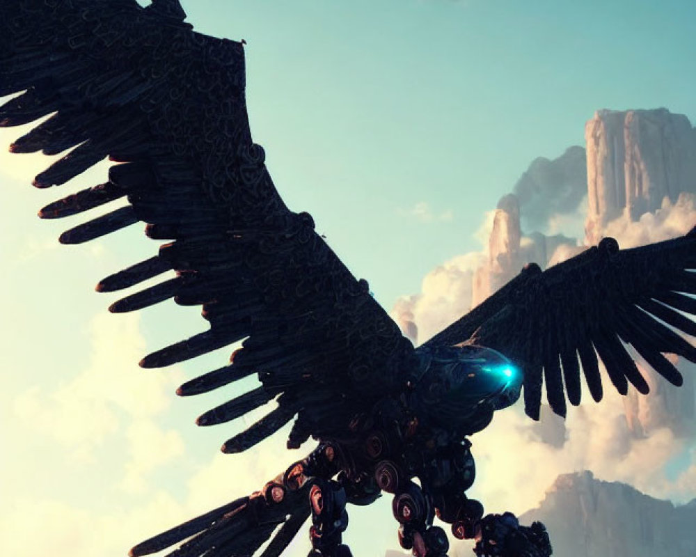 Intricate mechanical bird with glowing blue eyes flying over desert landscape