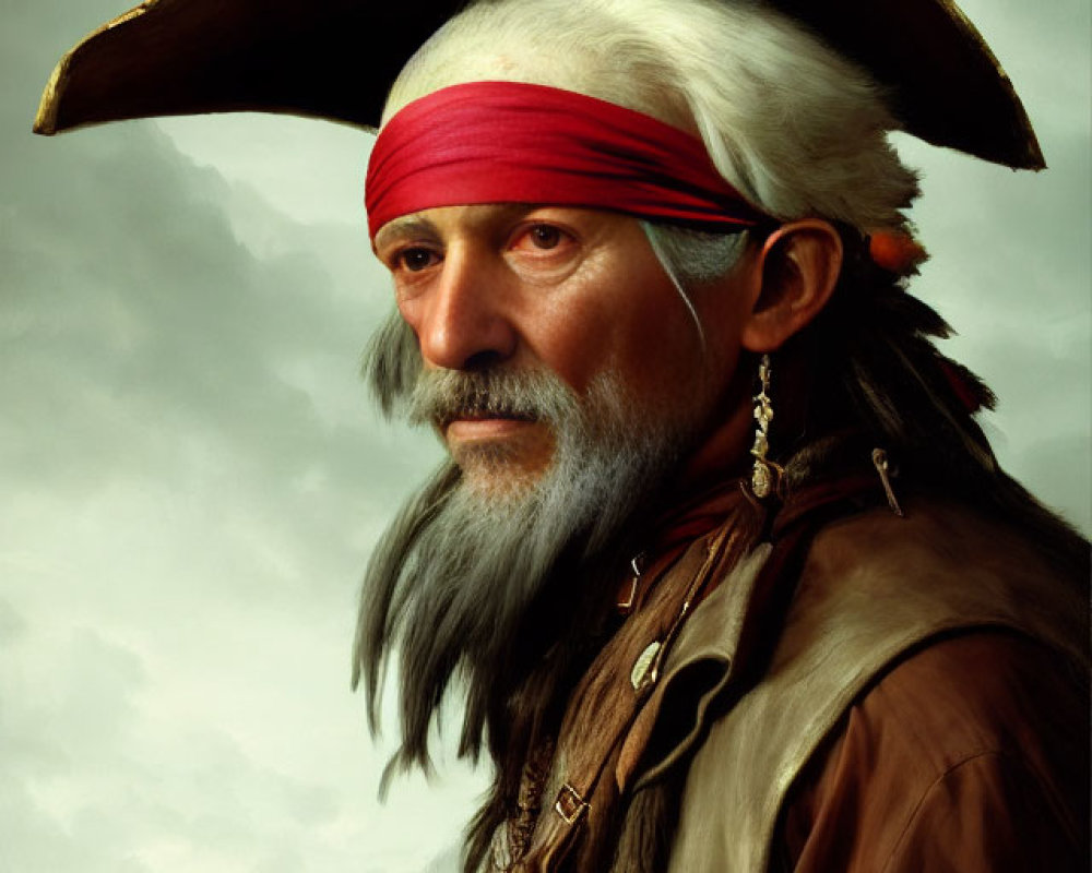 Portrait of Pirate with Red Bandana, Hat, and Parrot on Shoulder against Cloudy Seascape