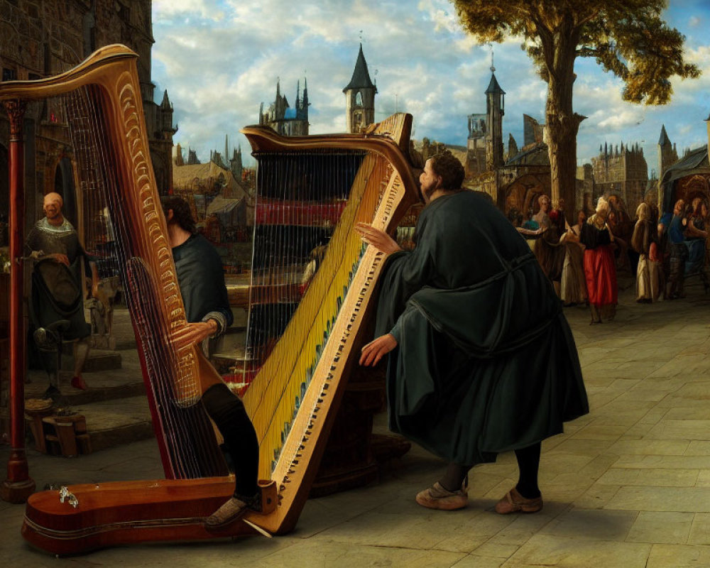 Medieval town square with men playing large harps among period-dressed onlookers