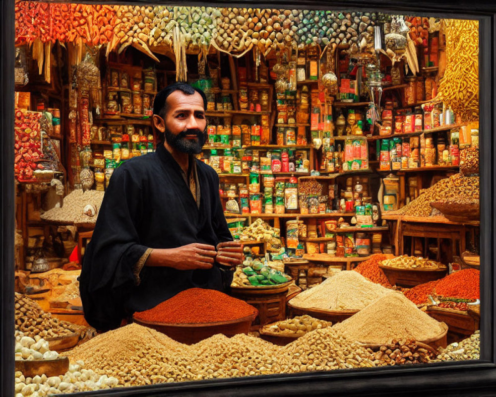 Man at Market Stall with Spices and Dried Fruits