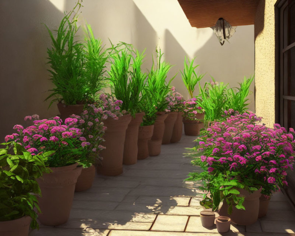 Balcony with Terracotta Pots of Green Plants and Pink Flowers