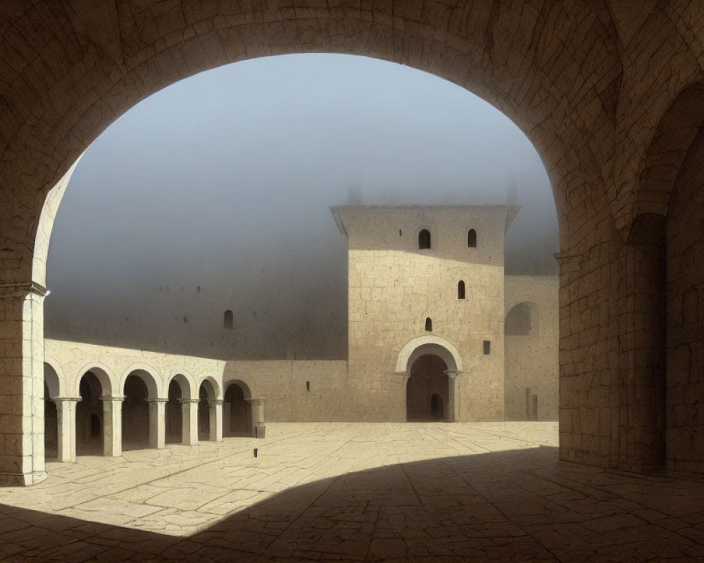 Serene foggy courtyard with arched stone corridors