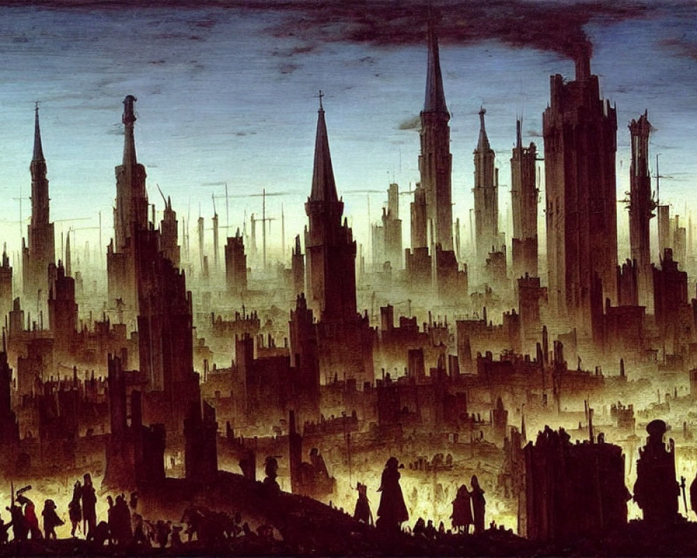 Silhouetted figures in gothic cityscape at twilight