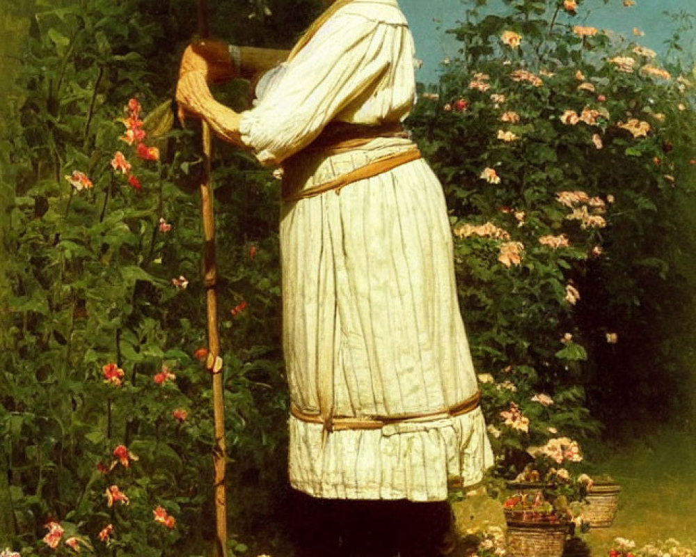 Woman in traditional dress tends to flowering plants in lush garden