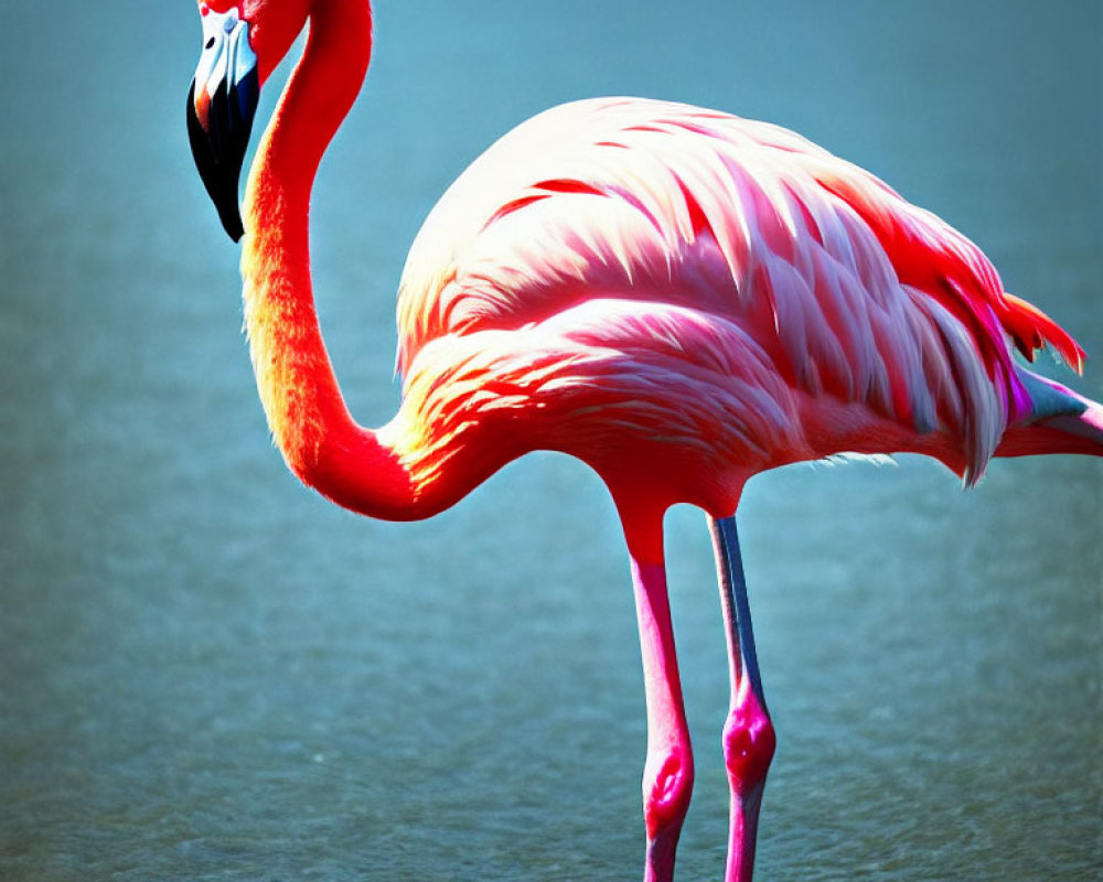 Pink flamingo in shallow water with plush feathers against blue background