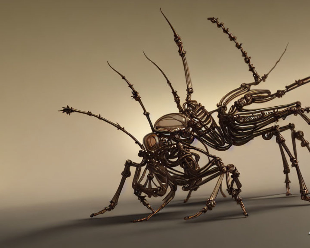 Mechanical ant digital artwork with intricate metal components on soft beige background
