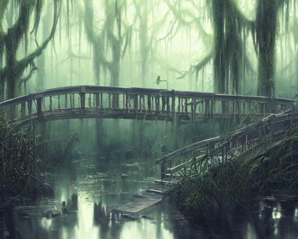 Tranquil swamp scene with moss-draped trees and mist-covered wooden bridge