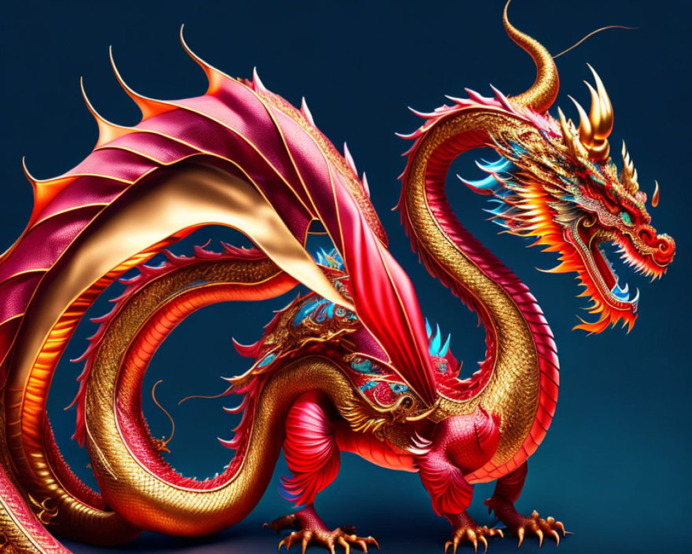 Majestic red and golden Chinese dragon artwork on blue background