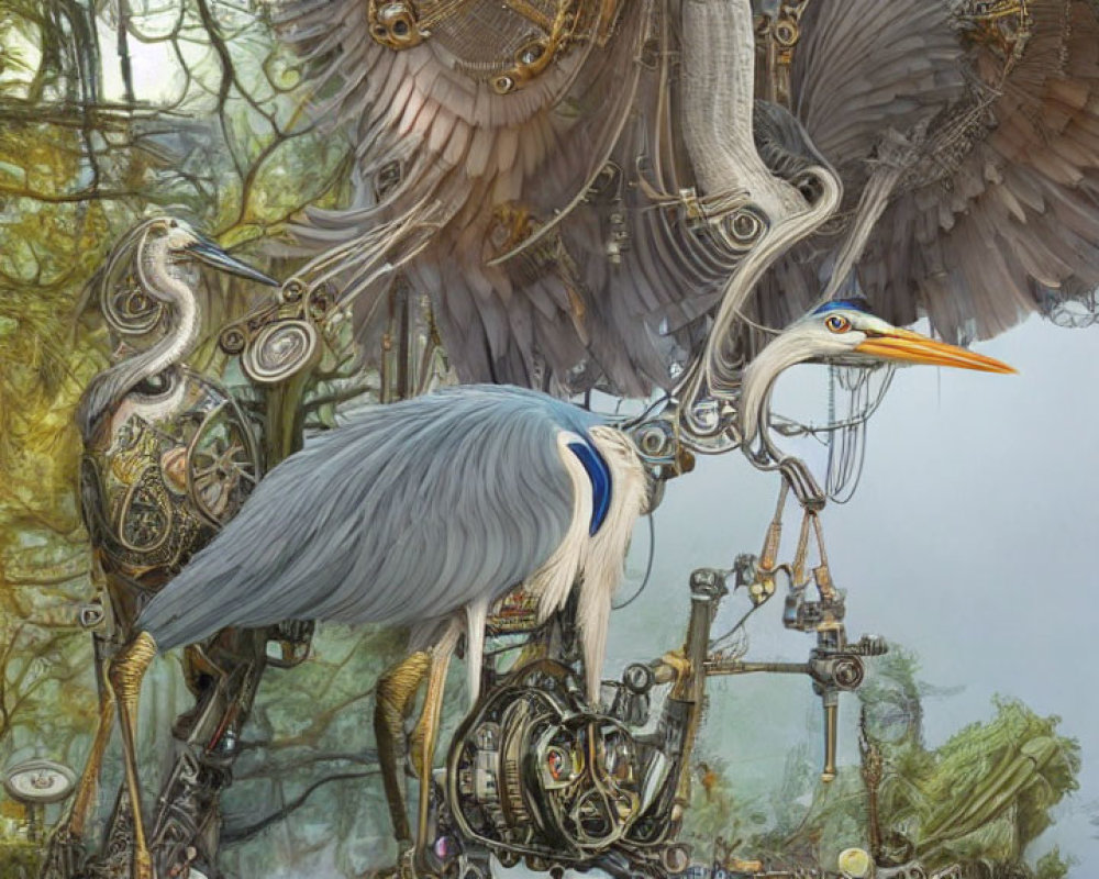 Digital Artwork: Mechanical Herons in Misty Forest