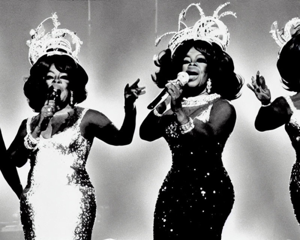 Three performers in sequined dresses and tiaras singing on stage in high-contrast black and white.