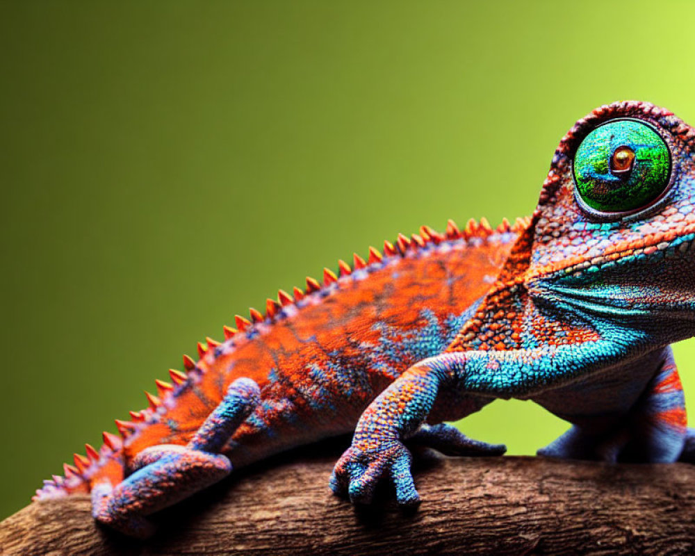 Vibrant blue and orange chameleon on branch against green backdrop