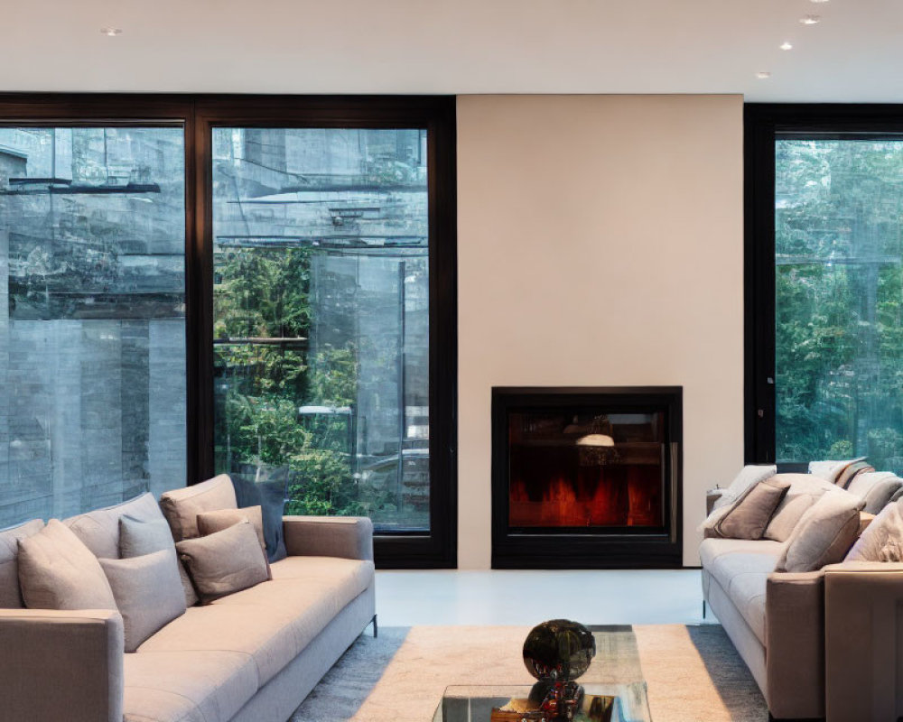 Contemporary living room with grey sofas, fireplace, large windows, glass coffee table