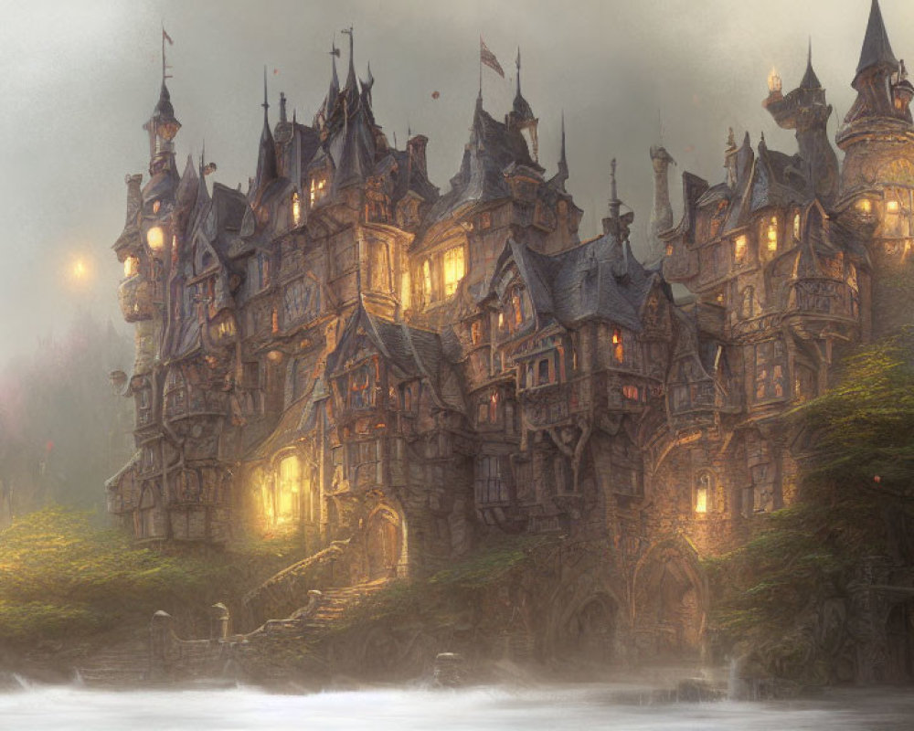 Majestic fantasy castle with spires in misty forest by flowing river