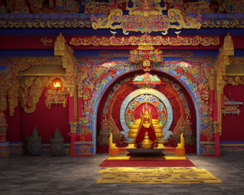 Colorful Buddhist Temple Interior with Golden Buddha Statue