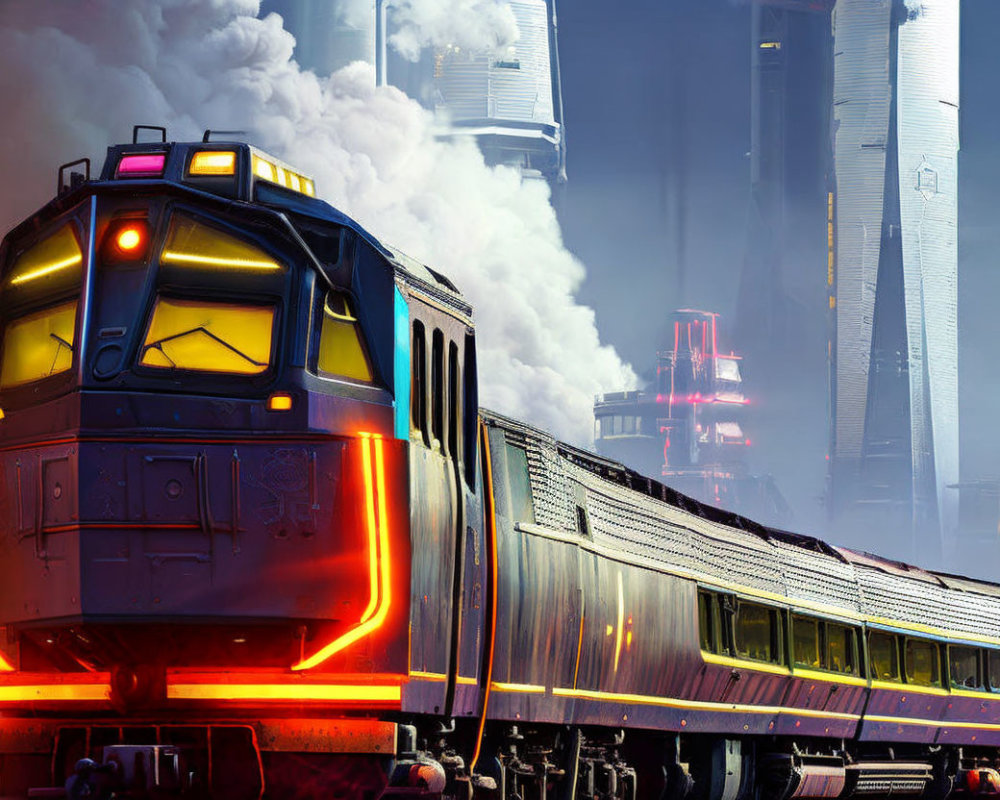 Futuristic train departing from high-tech city with skyscrapers