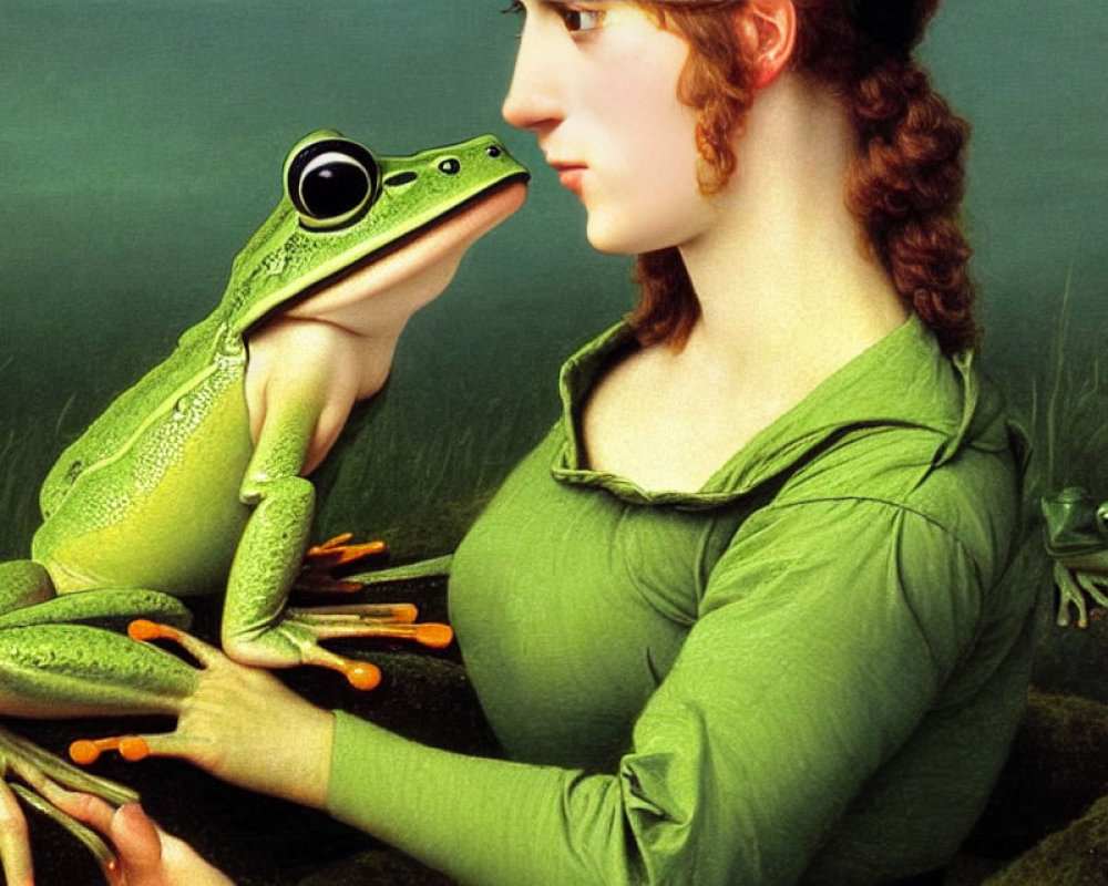 Surreal artwork featuring woman holding green frog