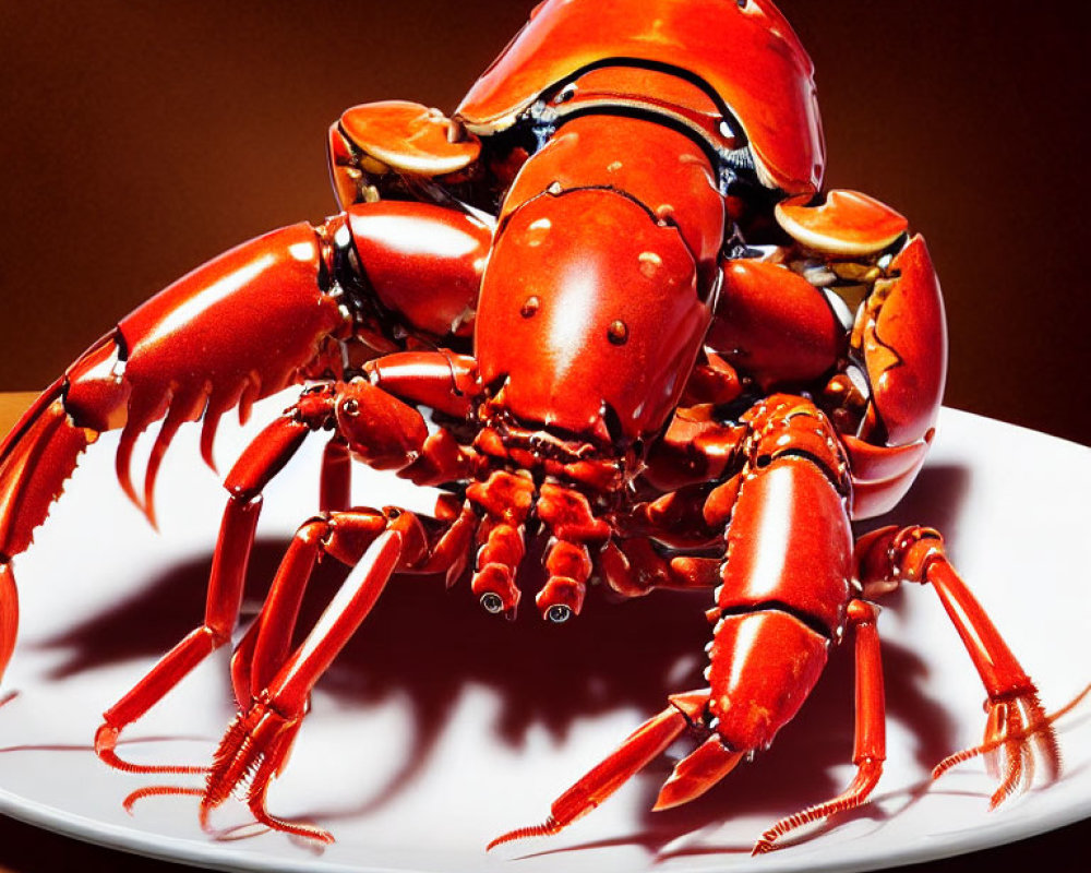 Bright Red Lobster on White Plate Against Orange Backdrop