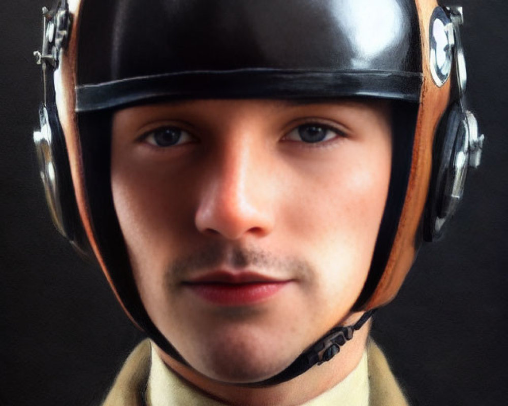 Young man with mustache in vintage pilot helmet and goggles, brown leather jacket on black background