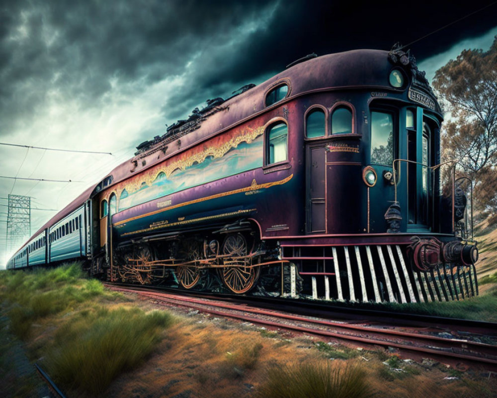 Vintage Train with Ornate Blue and Maroon Carriages on Tracks in Moody Sky