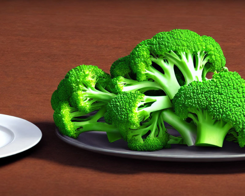 Green broccoli florets on dark plate with white dish on wooden table