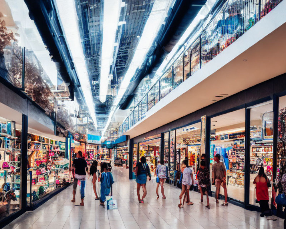 Brightly-lit modern mall with storefronts and high ceiling