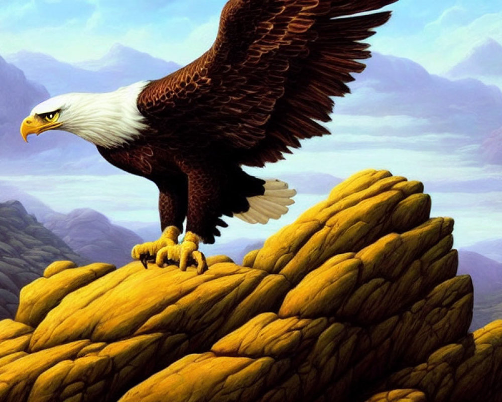 Majestic bald eagle perched on rocky outcrop with blue mountains.