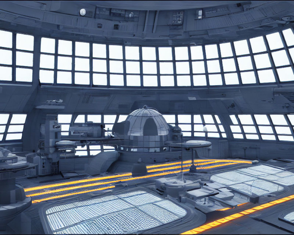 Futuristic control room with domed ceiling and panoramic windows