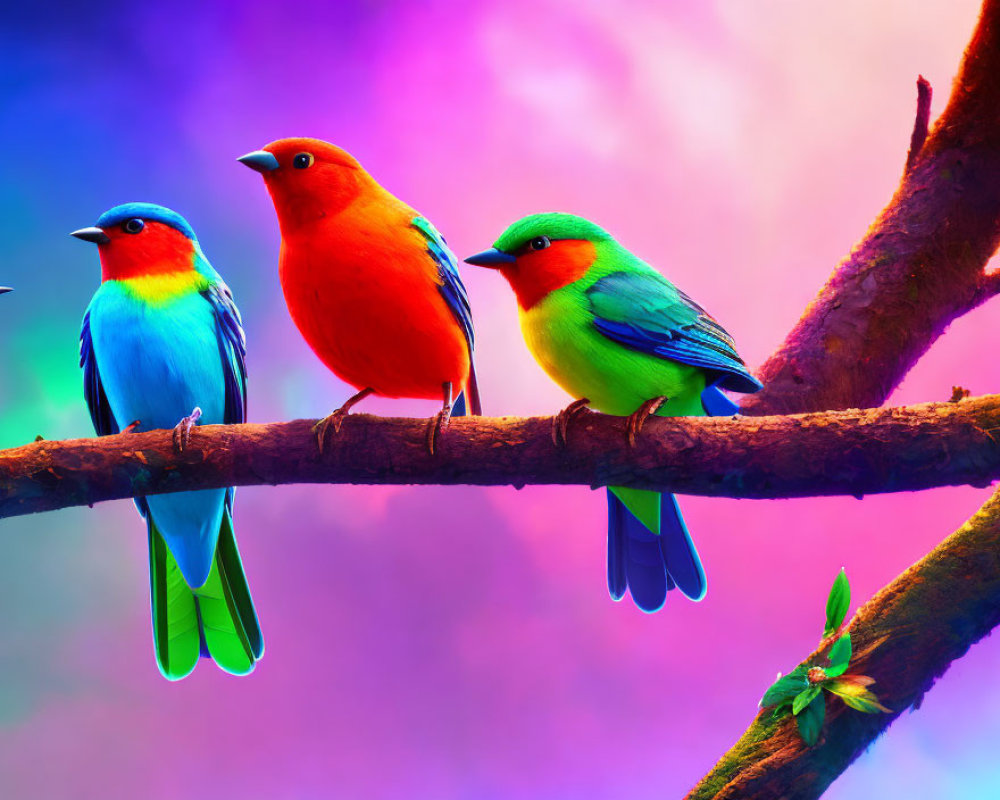 Colorful Birds Perched on Branch Against Vibrant Background