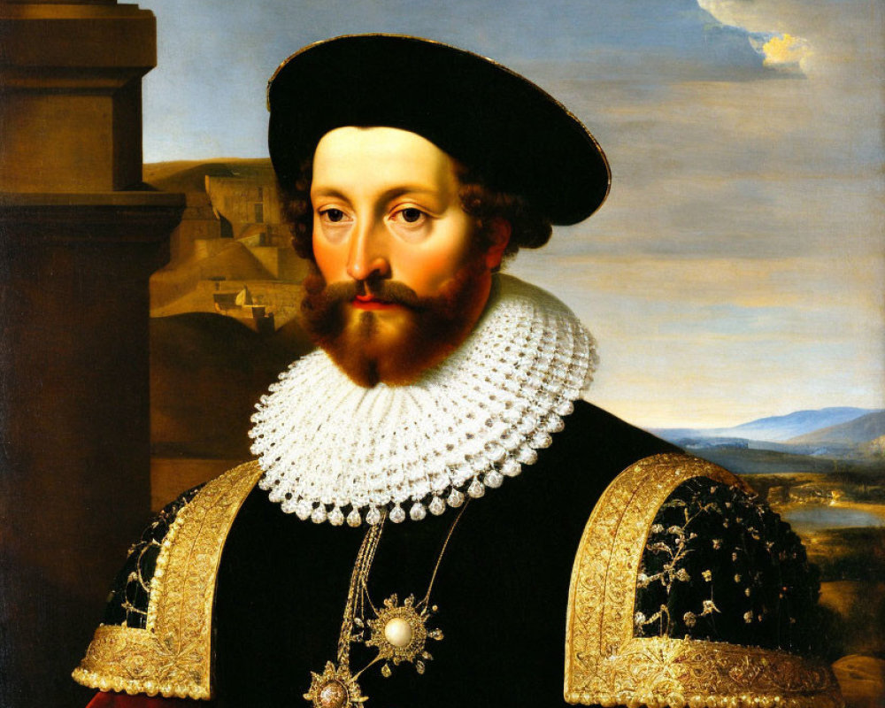 Bearded man in black and gold outfit with white ruff, pendant, and hat, against landscape