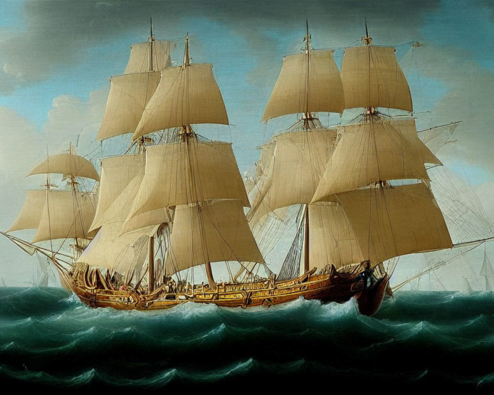 Large sailing ship with multiple masts and full sails navigating wavy seas under cloudy sky