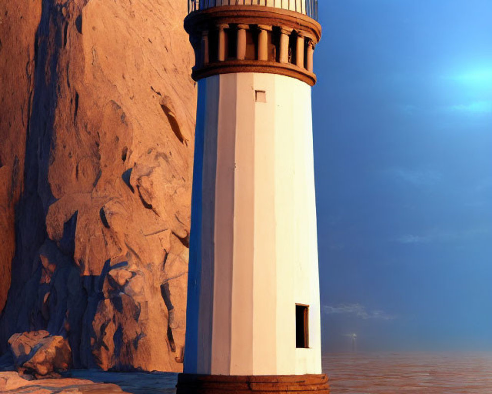 White lighthouse on rocky shoreline under deep blue sky with glowing crescent-shaped celestial body