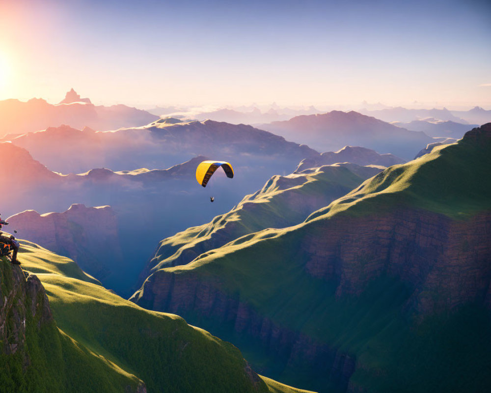 Scenic sunrise paraglider over green hills & valleys