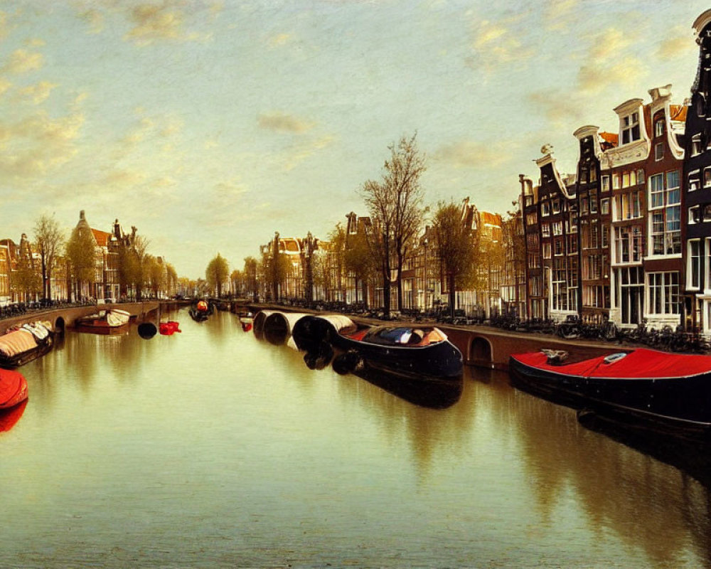 Canal in Amsterdam at Dusk with Boats and Dutch Buildings