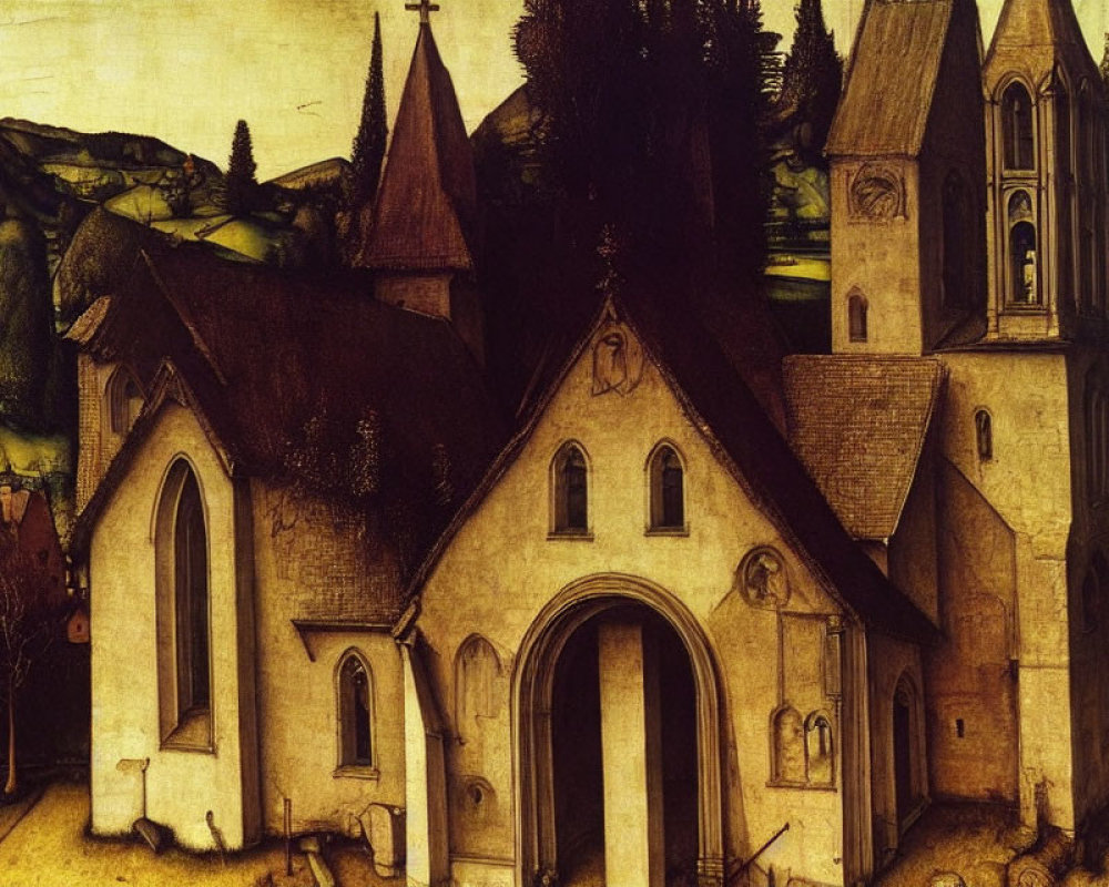 Medieval church painting with pointed bell tower and houses under cloudy sky