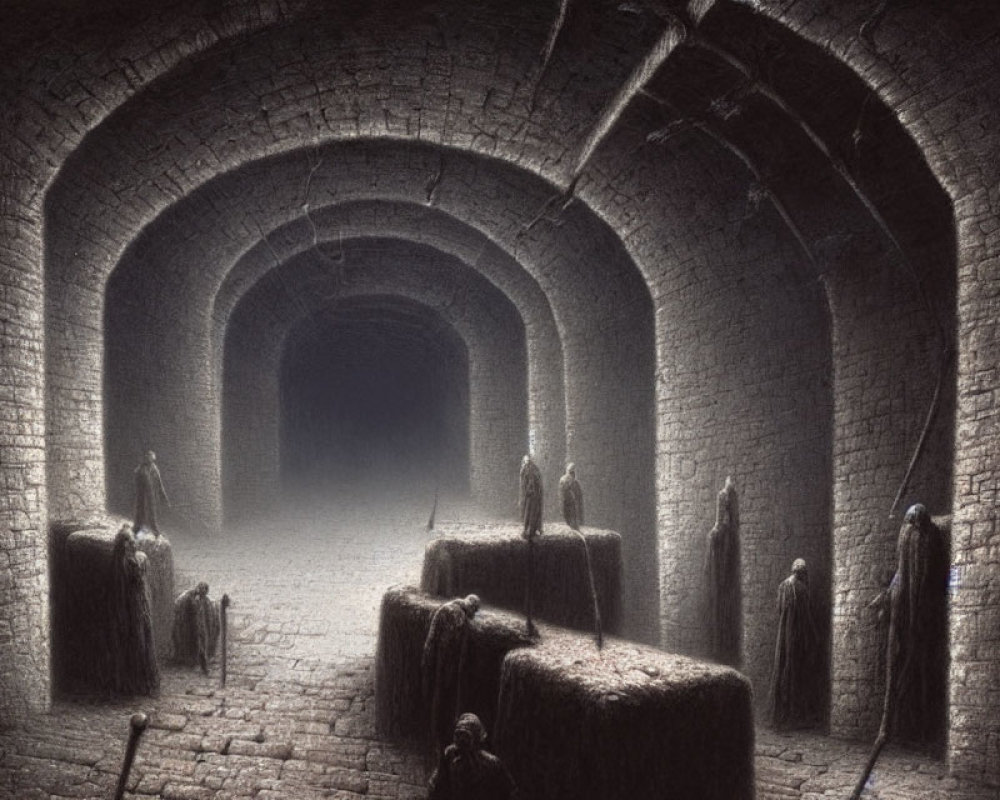 Mysterious ceremony in dimly lit underground vault