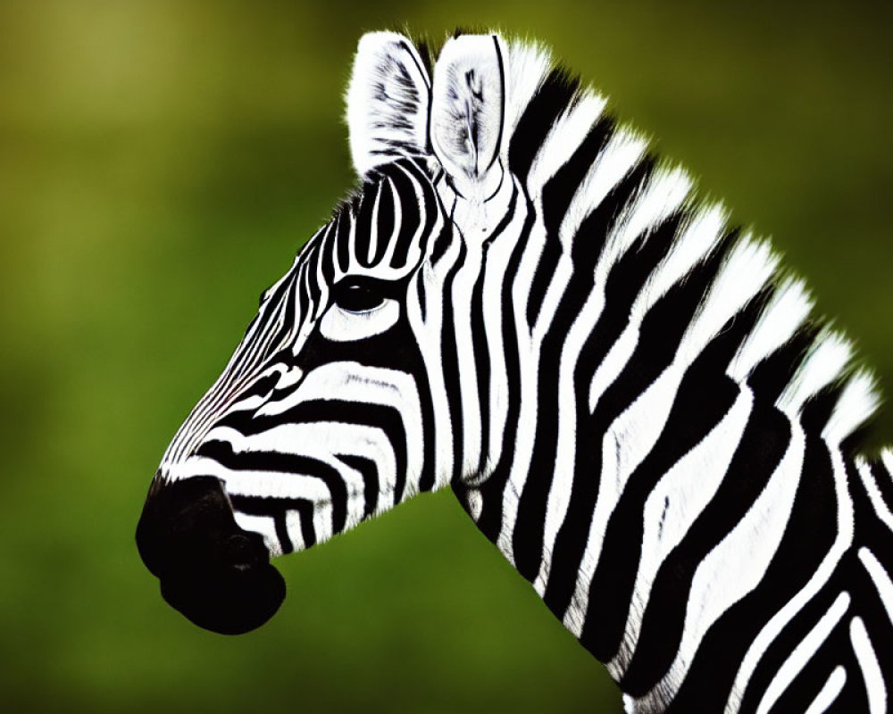 Zebra's head with black-and-white stripes on blurred green background