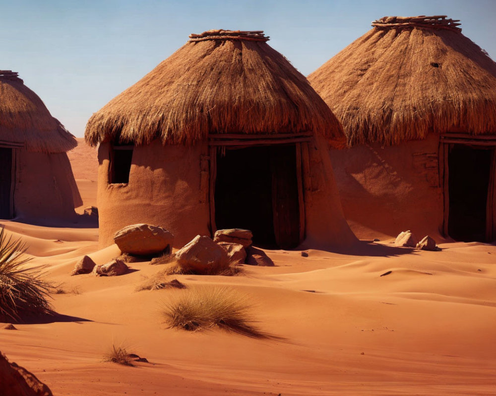 Traditional mud and straw huts in red sand dunes under clear blue sky