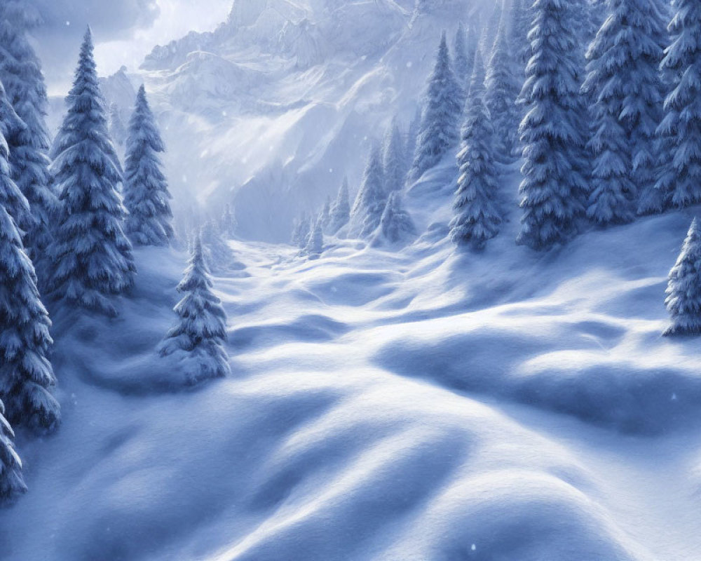 Snowy landscape with evergreen trees and rolling hills in winter.