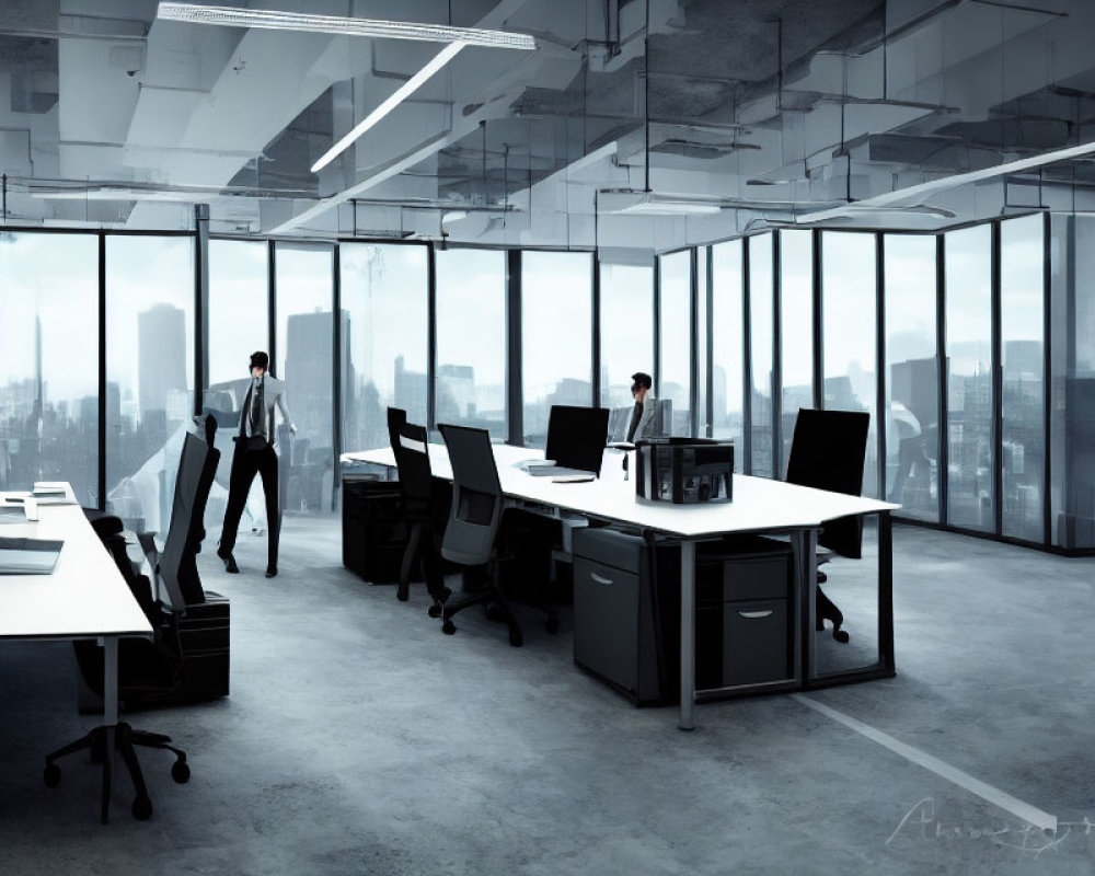 Modern Office with City View, Computers, and Two Workers