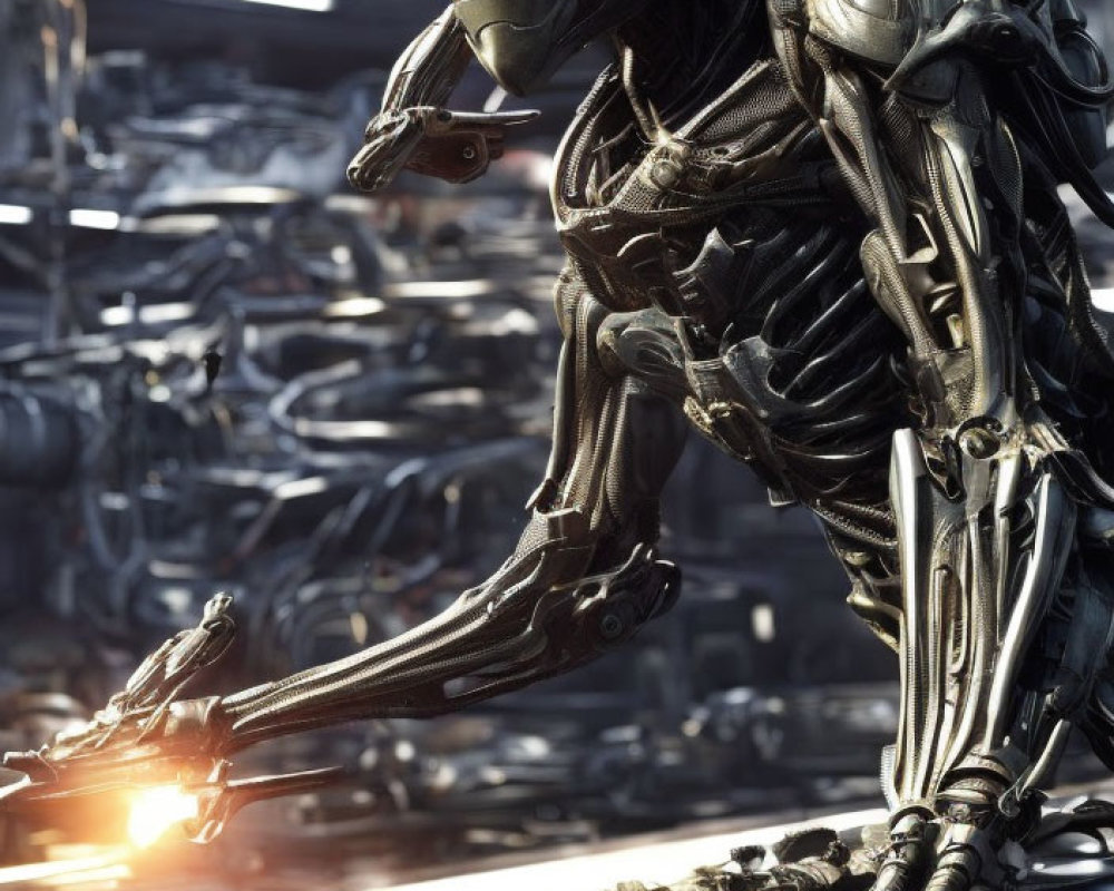 Metallic alien creature crouching in industrial debris with exoskeletal armor.