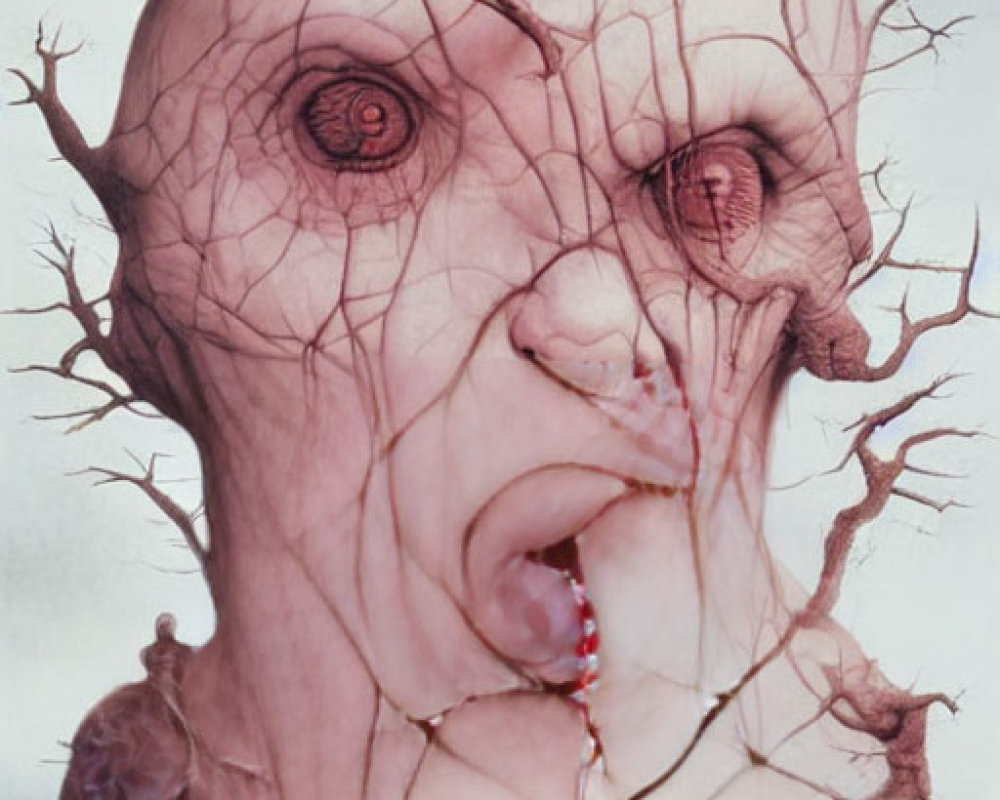 Distorted face with eerie features and tree branches in surreal image